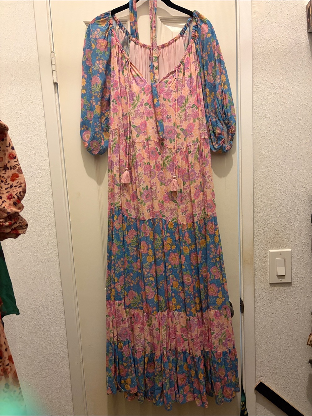 Spell Boho Floral Tiered Maxi Dress in Pink and Blue with waist tie included